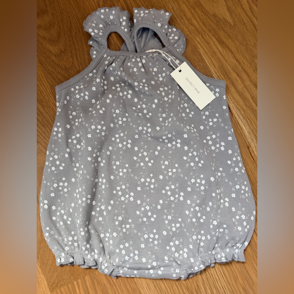 Quincy Mae Gray Floral Baby Romper with White Ditsy Flowers